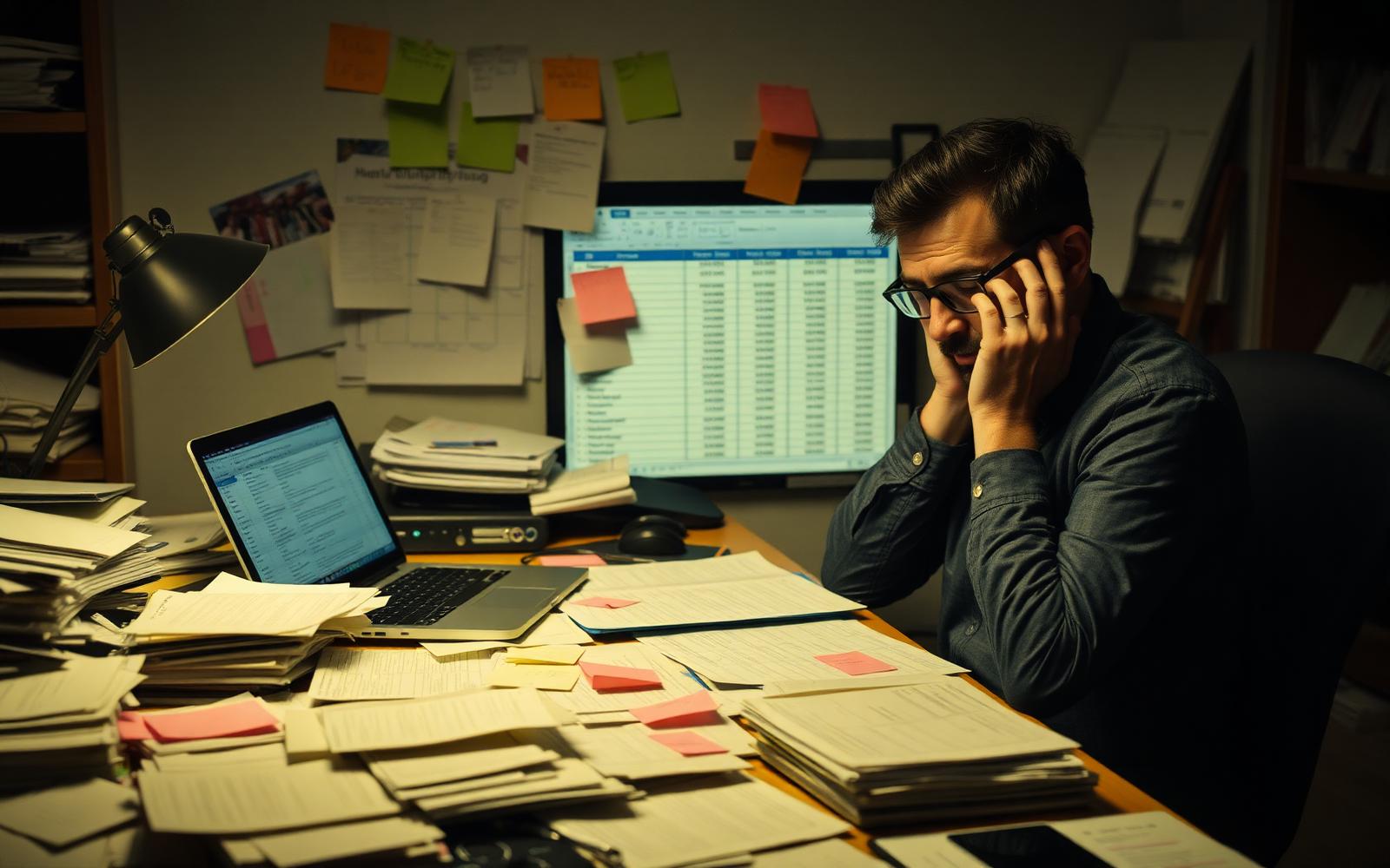 Business owner overwhelmed at a paper-covered desk at night