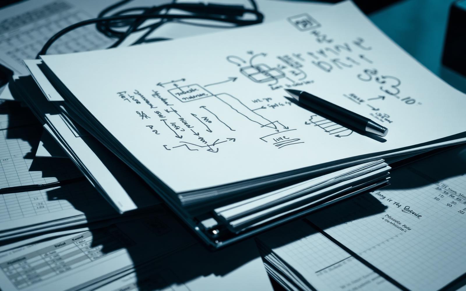 Handwritten workflow diagrams stacked over printed spreadsheets