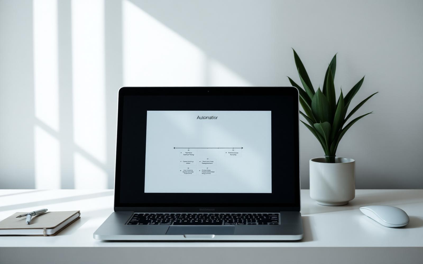 Clean laptop workspace showing a simple automation workflow diagram