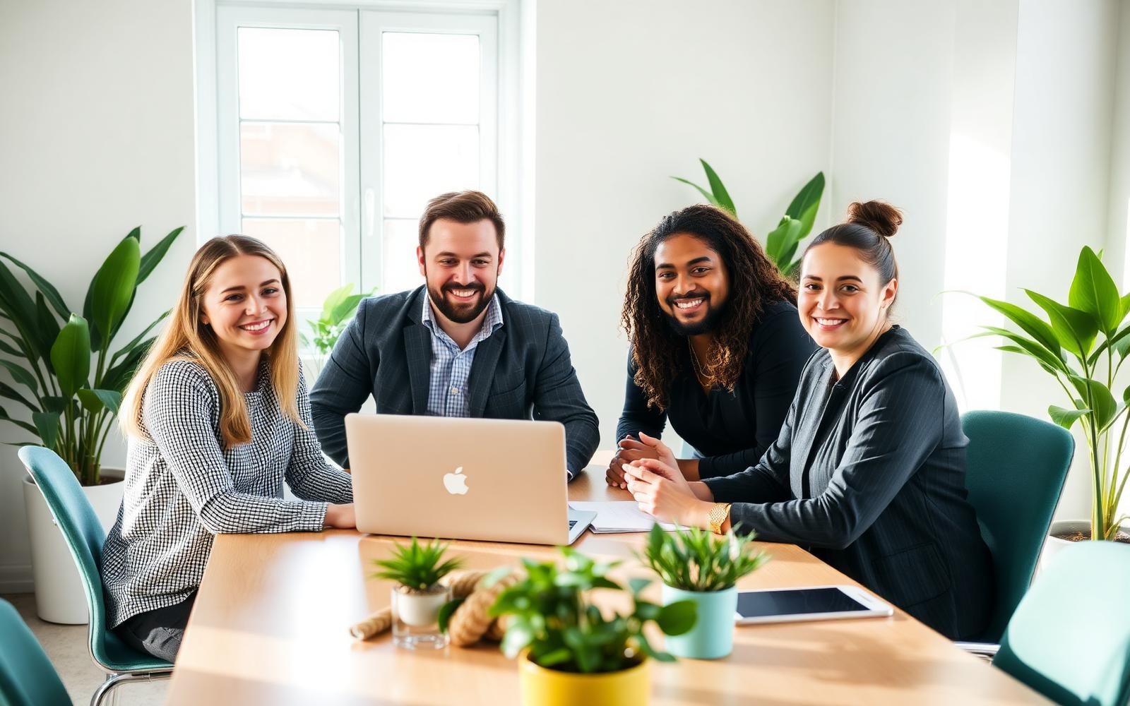 Small team collaborating calmly in a bright office